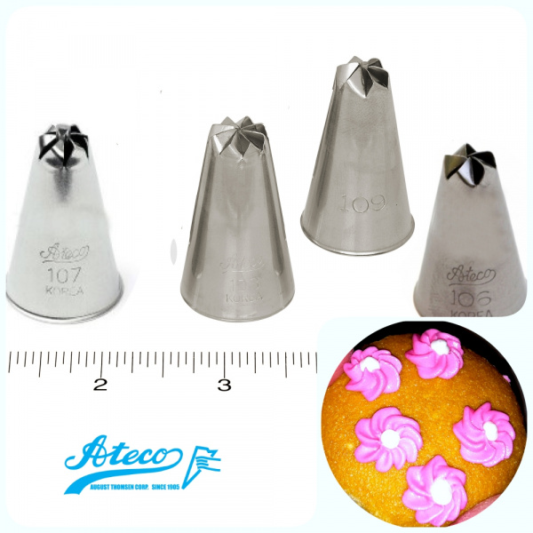 Кондитерская насадка звезда закрытый центр (рифление) №106, 107, 108, 109 Ateco | стандарт. и средний размер Кондитерская насадка звезда закрытый центр (рифление) №106, 107, 108, 109 Ateco | стандарт. и средний размер